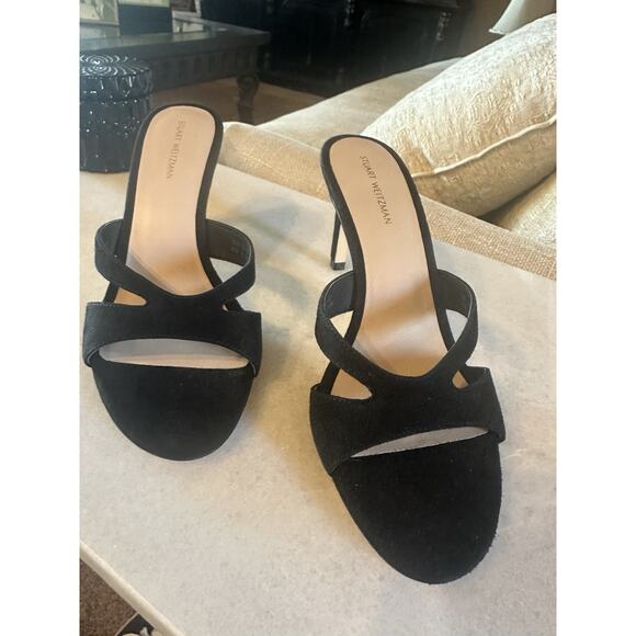 STEWART WEITZMAN Mariposa 80 Black Suede Slide Sandals Mules - 7 - Picture 6 of 8